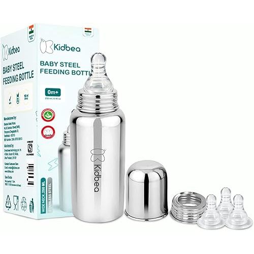 Kidbea Stainless Steel Infant Baby Feeding Bottle, BPA Free, Anti-Colic, Plastic-Free, Medium-Flow (Steel Bottle with Extra Nipples)