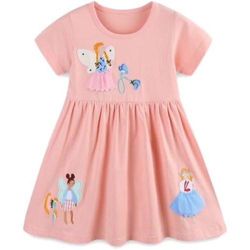 Hongshilian Girls Spring Summer Dress Toddler Girls Cotton Casual Dress Cute Cartoon Appliques Short Sleeve Playwear 2-8Y