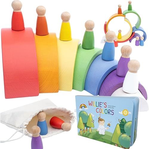 Montessori Wooden Rainbow Nesting Toy: Open-Ended Wooden Stacking Set with Arches, Peg Dolls & Story Book for Emotional Intelligence & Creative Play | Ages 3+ | 16 pcs | Premium Beechwood