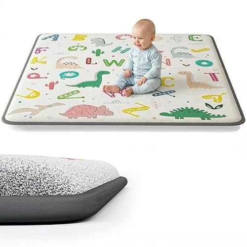 1.3" Thick Baby Play Mat for Floor, Elasti-Foam 50x50 Playpen Mat, Water Repellent Ultra Soft Coral Velvet Tummy Time Crawling Mats for Kid Toddlers Infants, Non-Slip Backing Safe Alphabet Zoo