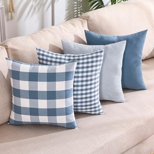 Light Dusty Blue Buffalo Check Plaid Throw Pillow Covers 18x18 Set of 4