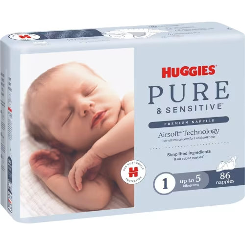 Huggies Pure & Sensitive Nappies Size 1 (Up to 5kg) 86 pack