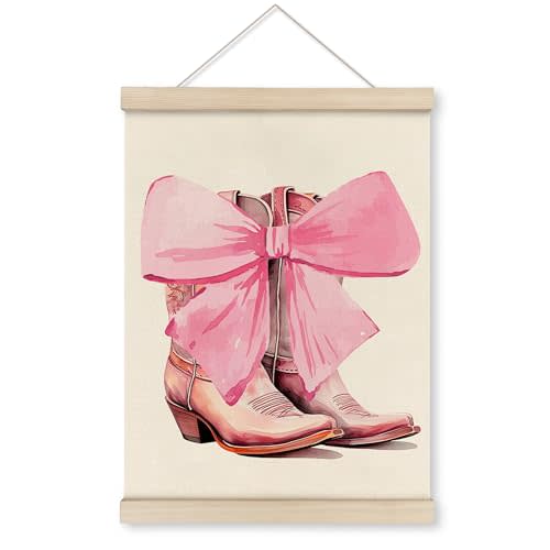 HRQKO Pink Cowgirl Bow Poster Hanger Frame, Cowgirl Room Decor, Bow Room Decor, Preppy Western Wall Art with Wooden Frames, Pink Cowboy Boot Wall Hanging Banner for Teen Girls Room Dorm, 12x16 Inch