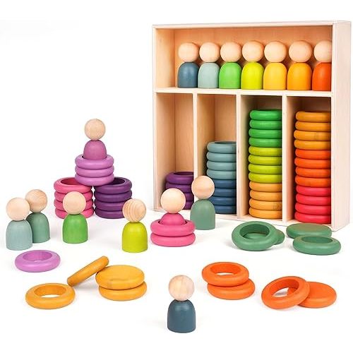 Montessori Toys Wooden Color Sorting Stacking Rings Toy Rainbow Wooden Peg Dolls Counting Toys Circular Building Blocks Stacking Game Preschool Learning Education Fine Motor Skill Toys for Toddlers