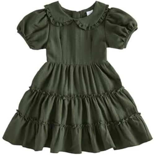 VISGOGO Toddler Baby Girl Dress Linen Long Sleeve Solid Color Girls 12 18M 2T 3T 4T 5T Dresses with Pocket for Spring Summer
