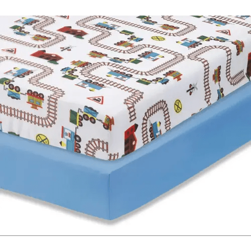 Everyday Kids 2 Pack Fitted Boys Crib Sheet, 100% Soft Breathable Sheet, Fits Standard Size Crib Mattress 28in x 52in, Nursery Sheet - Train/Light Blue