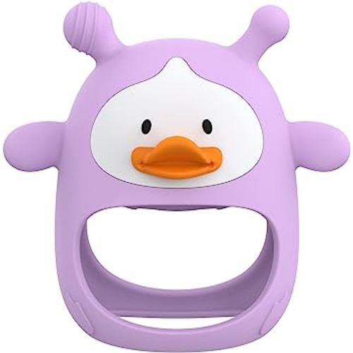 Never Drop Silicone Baby Teether, Hand Pacifier for Sucking Babies 0-6 Months, Soothing Pain Relief, Best Chew Toy, Teething Mitten for New Born - Purple