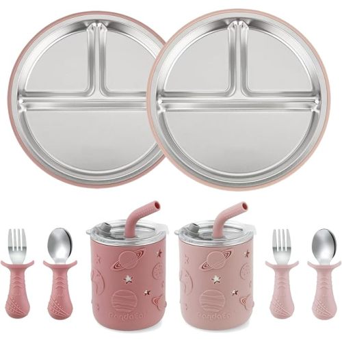 PandaEar Stainless Steel Baby Feeding Set | 2 Divided Suction Plates, 2 Spill-Proof Straw Cups with Silicone Sleeves, 2 Forks & 2 Spoons | Toddler Utensils for Baby Led Weaning, BPA-Free (Pink)
