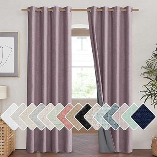 NICETOWN Chaise Mauve Vintage Linen 100% Blackout Curtains for Living Room, Thermal Insulated Curtains 84“ Long, Noise Reducing Window Treatment Drapes for Hall Room, 52" Wide Per Panel, Set of 2