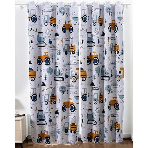 NTBED Construction Cars Tree Blackout Curtains Drapes for Kids Boys Bedroom Play Room 2 Panels Darkening Grommets Window Treatment, 42Wx63L, Light Grey