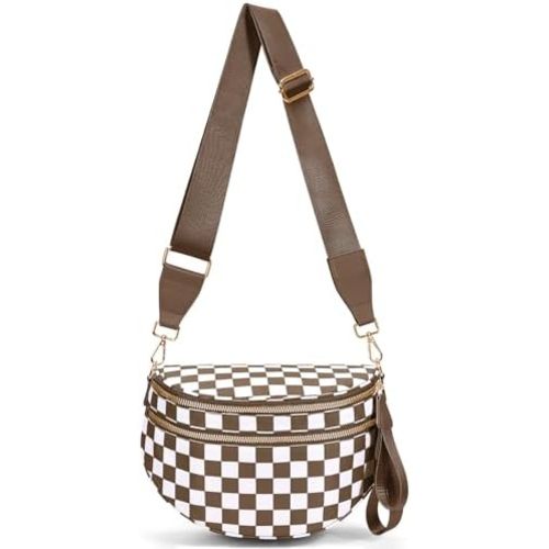 hibear Checkered Crossbody Bag Spacious Bum Bags for Women Nylon Crossbody Fanny Packs Checkered Purse Belt Wallet