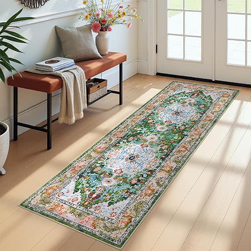U'Artlines 2' x 6' Boho Hallway Runner Rug, Non Slip Washable Vintage Farmhouse Kitchen Rug Accent Area Carpet for Entryway Laundry and Living Room (Green)
