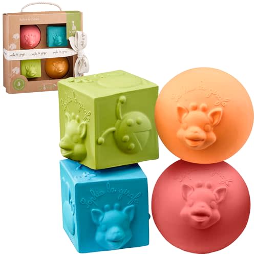 Sophie la girafe So'Pure Cubes & Balls | 4 Light & Colorful Balls | Easy to Grasp | Designed with Natural Rubber to Soothe & Awaken All 5 Senses
