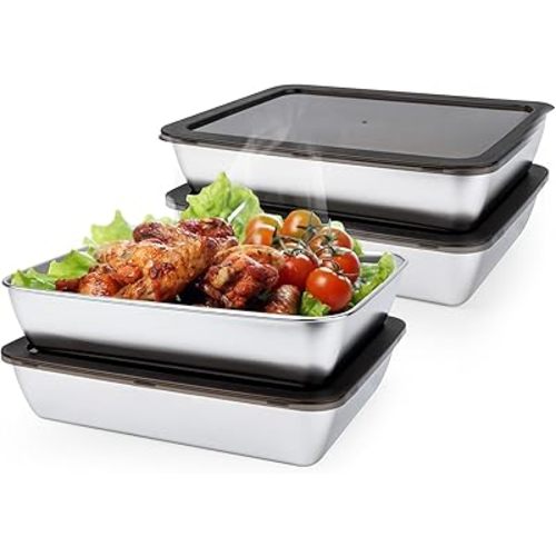 4 PCS Stainless Steel Food Storage Containers with lids,2.16 Inch Deep, 8x10 Inch Stainless Steel Oven plate, Metal Roasting Pan for Meal Prep、Meat, Rustproof & Heavy, Freezer & Dishwasher Safe