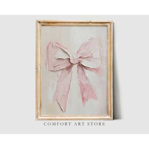 Pink Bow Print Valentines Day Wall Art Vintage Oil Painting Pink Nursery Decor Romantic Coquette Pink Bow Painting Neutral Girl Room Decor