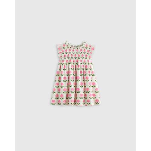 100% Organic Cotton Poplin Smocked Flutter Sleeve Dress - Baby Girl in Pink Woodblock Floral