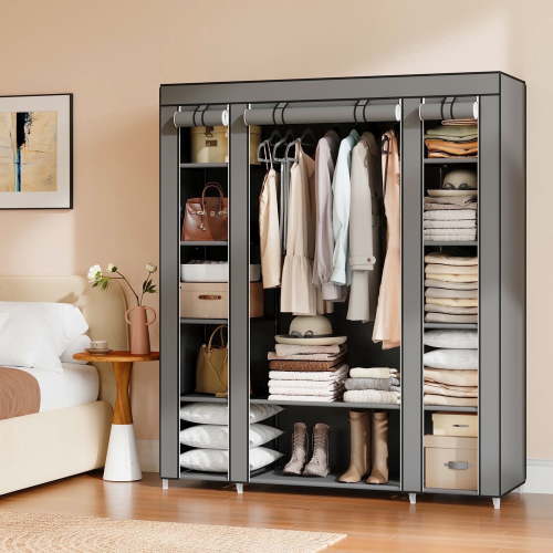 LEDREM 59-Inch Portable Closet , 12-Compartment Wardrobe with Zippered Cover & Hanging Rail , No-Tool Assembly Storage Organizer , Gray
