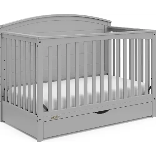 Graco Bellwood 5-in-1 Convertible Crib with Drawer (Pebble Gray) - GREENGUARD Gold Certified, Full-Size Storage Drawer, Converts to Toddler Bed and Full-Size Bed
