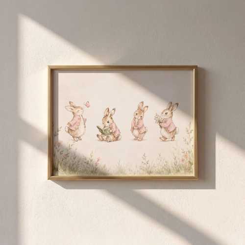 Bunny Nursery Wall Art - Pink Storybook Rabbit Meadow - Girl Nursery Printable