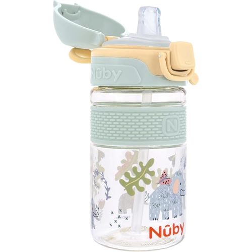 Nuby Thirsty Kids Flip-It Bolt Toddler Cup with Push-Button Locking Flip-Top and Silicone Spout - 12 oz - Easy-Grip and Spill-Resistant - 18+ Months - Mammoths