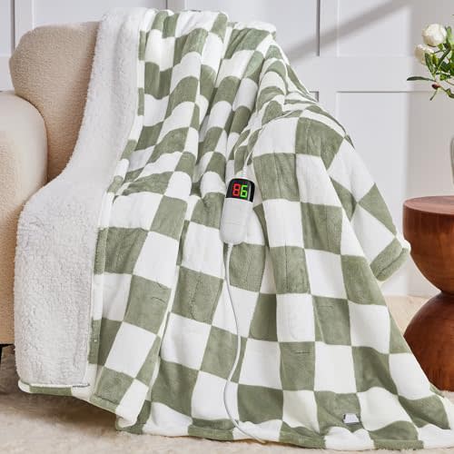 Sage Green Heated Throw Blanket Electric, 50X60 Heating Blanket with 10 Heat Levels & 8 Hours Auto Off for Lap, Checkered Plaid Soft Sherpa Blankets Warmer Gifts for Couch Grandma Women Adults