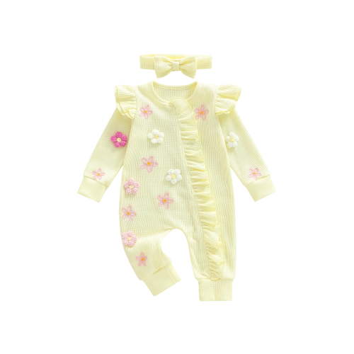 Loicainy Newborn Baby Girl 3D Floral Romper 3 6 12 Months Long Sleeve Round Neck Ruffle Jumpsuit with Headband Fall Spring Set