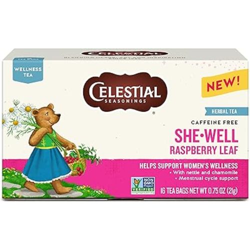 Celestial Seasonings SheWell Raspberry Leaf Wellness Tea, Caffeine Free, 16 Tea Bags Box