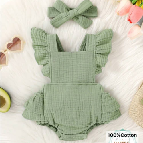 2pcs Set Casual Elegant Sweet Cute Baby Girl Romper Dress, Soft & Comfortable, Ruffle Trim Solid Color Romper & Headband Set | SHEIN USA