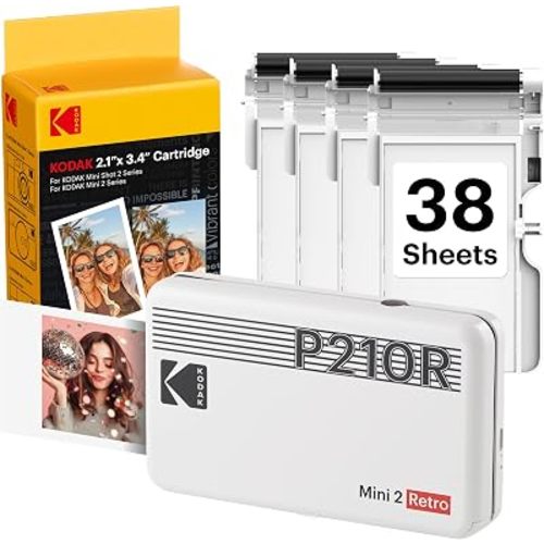 KODAK Mini 2 Retro 2x3 Portable Photo Printer, 4PASS, 38 Sheets, White