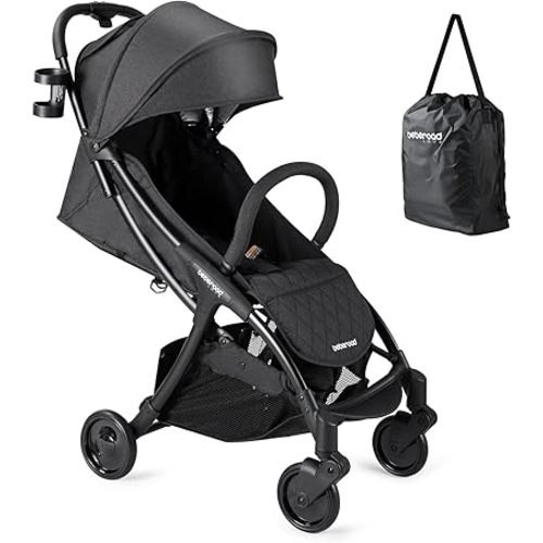 Beberoad Lightweight Baby Stroller for Airplane R2 Small Travel Stroller Compact Strollers Foldable, Infant Toddler Stroller with Adjustable Backrest, Cup Holder and Waterproof Canopy, Black