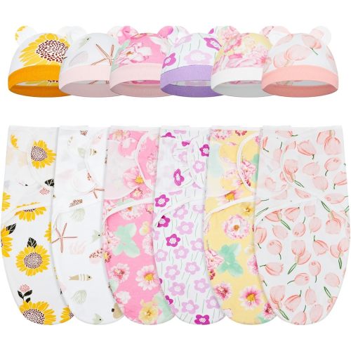 Ramede 6 Pack Swaddle Blanket with Hats for Baby Girl Boy 100% Cotton Swaddles 0-3 Months, Adjustable Breathable Skin Friendly Receiving Blanket Wrap, Essential for Newborns