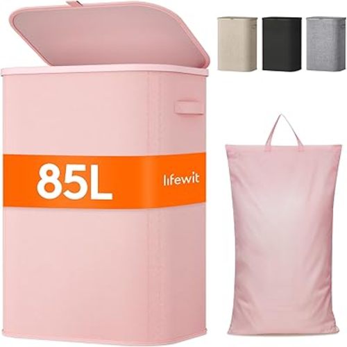 Lifewit 85L Laundry Basket with Lid, Large Laundry Hamper with Plastic Handles and Removable Bag, Foldable Tall Dirty Clothes Hampers for Laundry for Laundry Room, Bedroom, Bathroom, Dorm, Pink