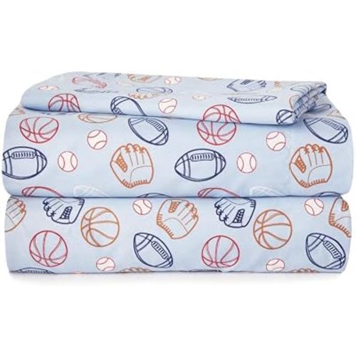 Heritage Kids 3-Piece Twin Bedding Set,Sports Print in Blue, Includes Top Cover, Fitted Sheet & Pillowcase,Soft & Cozy Kids Bed Set