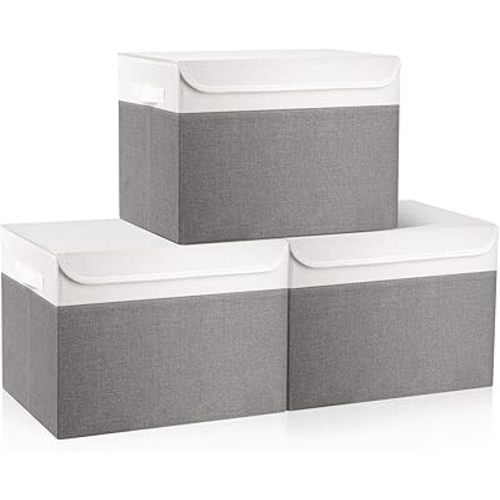 Bagnizer Large 17" 42 Quarts Collapsible Stackable Storage Bins with Lids [3-Pack] Foldable Fabric Linen Storage Boxes Cube, Closet Organizer Baskets with Label (16.7 x 12 x 12, Gray & White)