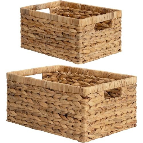 StorageWorks Wicker Storage Baskets, Handwoven Water Hyacinth Basket for Organizing, Decorative Organizers with Built-in Handles, Set of 2
