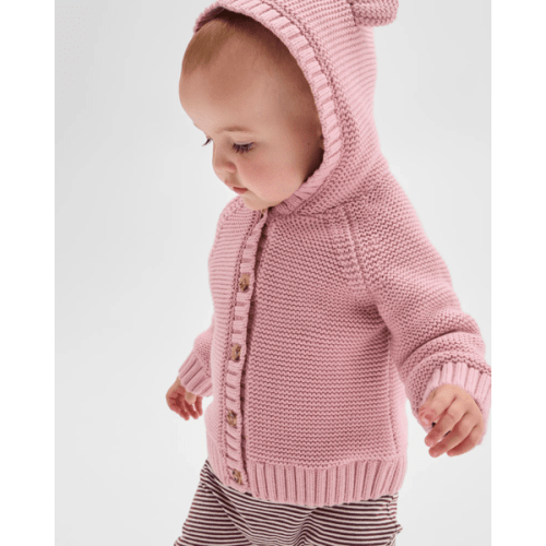 Baby Organic Cotton Hooded Knit Cardigan - Bleached Mauve