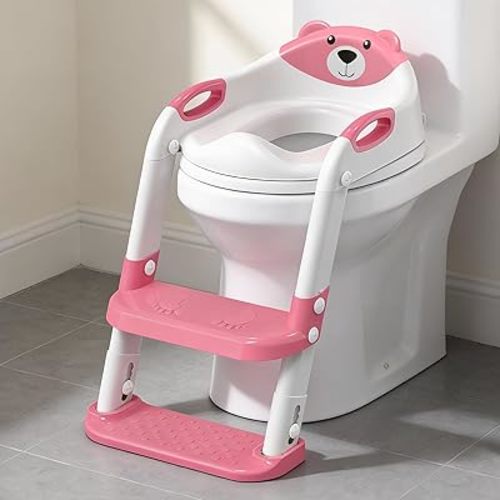 Potty Training Seat, SKYROKU Potty Training Toilet with Step Stool Ladder, for Kids Boys Girls Toddlers - Comfortable Safe Potty Seat with Anti-Slip Pads Ladder (8838+Pink)