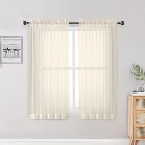 OWENIE Sheer Curtains, Cream Sheer Curtains 50 Inch Length 2 Panels Set, Rod Pocket Voile Fimly Sheer Drapes for Living Room Bedroom, 2pcs, Cream, Each 42" W x 50" L