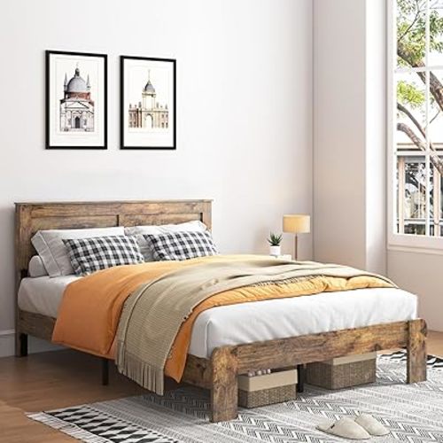 Wood King Bed Frame with Headboard, Rustic Farmhouse Platform Bed Frame with 12 Wood Slats Support, No Box Spring Needed, Easy Assembly (Vintage Brown, King)