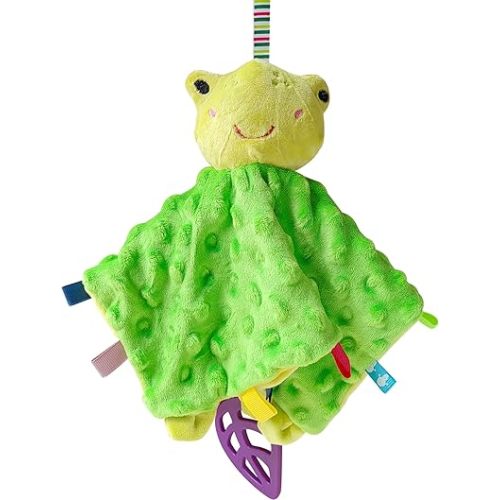 Green Frog Baby Security Blanket with Tags Loveys for Babies 11" Taggy Blanket with Stuffed Animal Soft Plush Minky Snuggle Blanket Lovie Unisex Gifts for Toddler Newborn