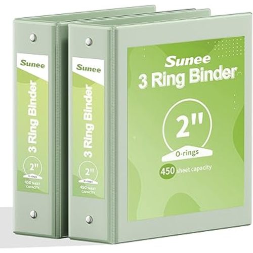 SUNEE 3 Ring Binder 2 Inch 2 Pack, Clear View Three Ring PVC-Free (Fit 8.5x11 Inches) for School or Office Supplies, Sage Green