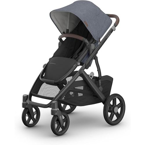 UPPAbaby Vista V3 Stroller - Full-Size Single-to-Double Stroller System - Toddler Seat, Bug Shield, Rain Shield, and Storage Bag Included - Julian (Dusty Blue Mélange/Carbon Frame/Chestnut Leather)