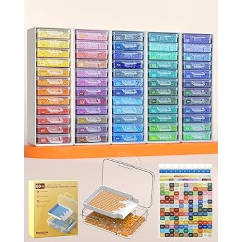 Redtwo 60pcs Diamond Painting Storage Containers Trays with Two Layers, 3-in-1 Diamond Painting Trays with Lids, Diamond Art Accessories, Diamond Art Drills Storage & Line-Up