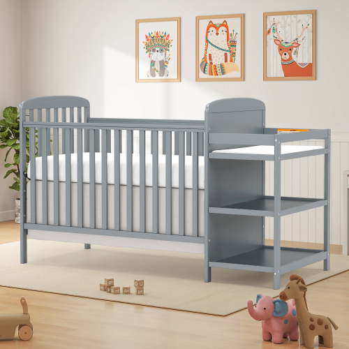 Conchico 3-In-1 Convertible Crib and Detachable Changer, New Zealand Pinewood Baby Crib, Toddler Daybed Bed with 3 Heights, Non-Toxic Finish, Easy to Assemble, Stone Gray
