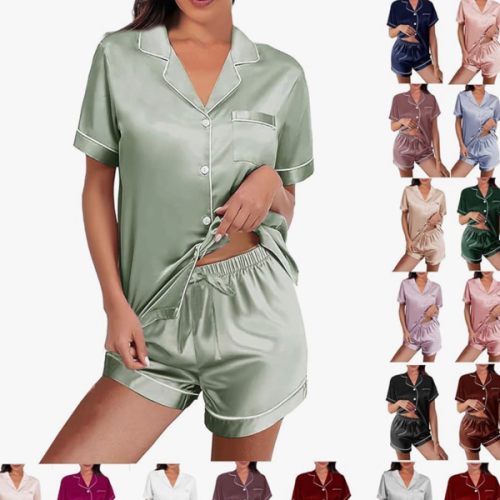 Womens Silk Satin Pajamas Loungewear Two-Piece Sleepwear Button-Down Floral Pj Set XS-4XL