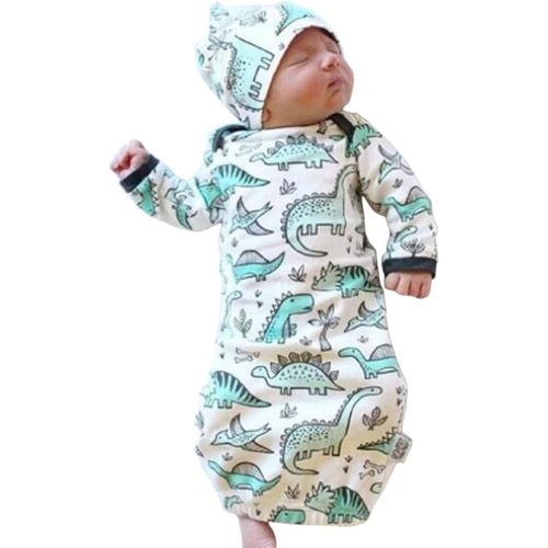 COLOOM Infant Baby Cartoon Dinosaur Pajamas Newborn Sleeper Gown Swaddle Hats 2Pcs Outfits, Green, one size (0-3M)