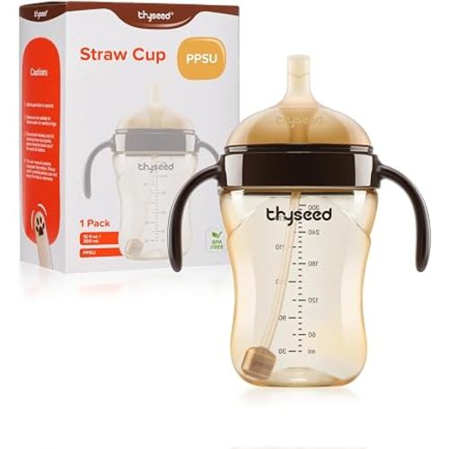 Thyseed PPSU Weighted Straw Cup with Handles Toddlers Transition Bottles to Sippy Cups No Spill Learner Milk Water Baby Bottle Soft Silicone Spout Dishwasher Safe BPA Free 6+ Months 10oz/300mL