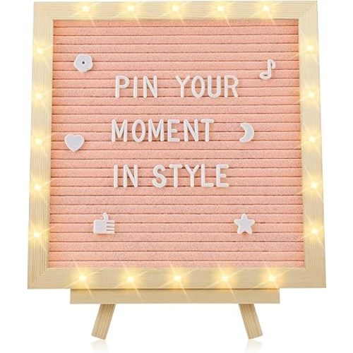Felt Letter Board with LED Lights - 10 ×10" Custom Message Board with Changeable Letters & Stand, First Day of School Sign/Graduation/Pregnancy/Baby Announcement/Wedding/Classroom Decor, Pink