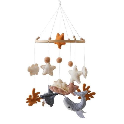 Baby Mobile for Crib – Handmade Whale Nursery Mobile with Shells, Clouds & Ocean Elements, Mobile for Crib with Beech Wood Ring, Baby Crib Mobile Felt Hanging Toy, Bassinet Mobile Coastal Decor