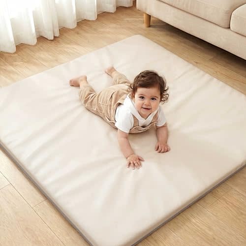Joypony Baby Play Mat for Floor 47x47, 1.5” Thick Vegan Leather Crawling Mat with Removable Cover, Waterproof Playpen Mat for Infants and Toddlers, Wipe-Clean Kids Playmat, Cream